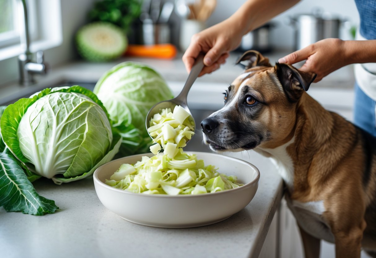 A person serving cooked cabbage into a dog bowl with a happy dog sitting nearby in a kitchen.