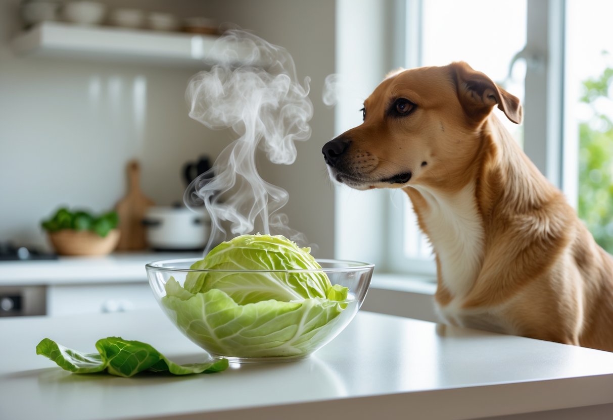 A medium-sized dog sitting next to a kitchen counter with a bowl of cooked cabbage on it.