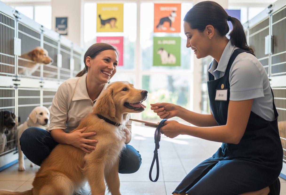 A woman happily adopting a golden retriever puppy from an animal shelter with a shelter worker handing over the dog's leash.