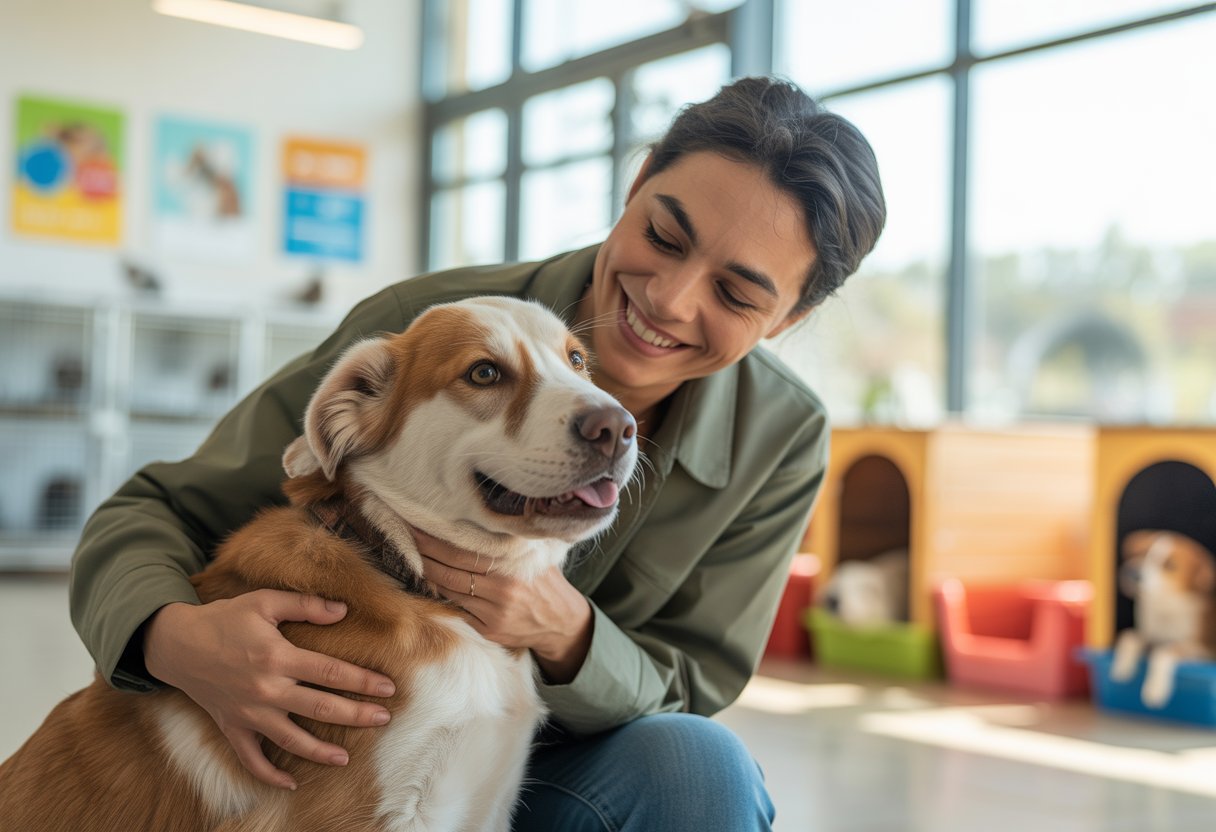 A person happily holding a dog inside an animal shelter, both looking content and connected.