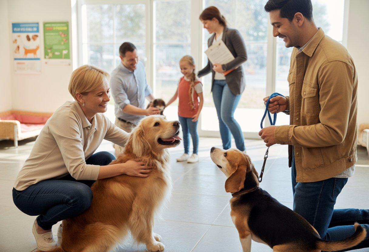 People at an animal shelter meeting and interacting with different dogs, preparing to adopt a dog.