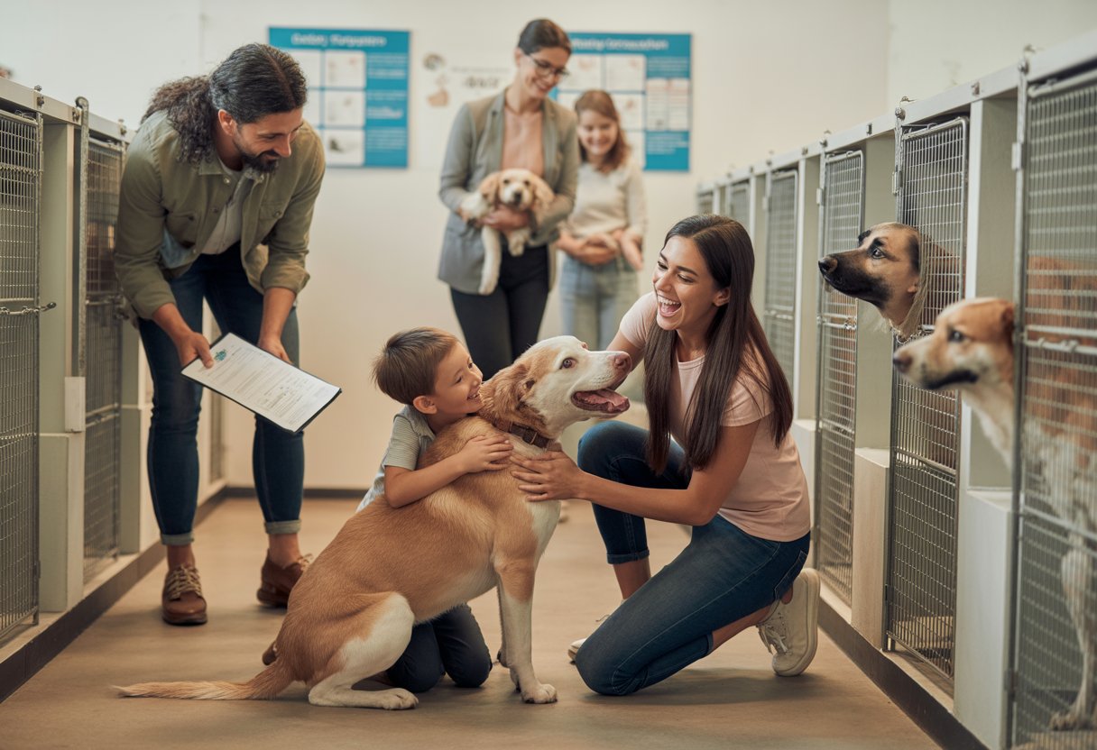 A family meeting a dog at an animal shelter while a staff member hands over adoption papers.