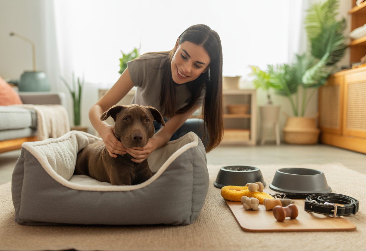 A woman arranging a dog bed and supplies in a bright living room preparing for her new dog.