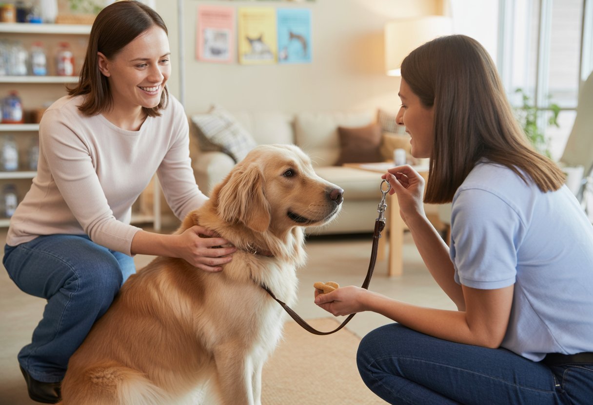 A woman holding a dog’s leash while a trainer kneels beside the dog, showing training techniques in a pet adoption centre.