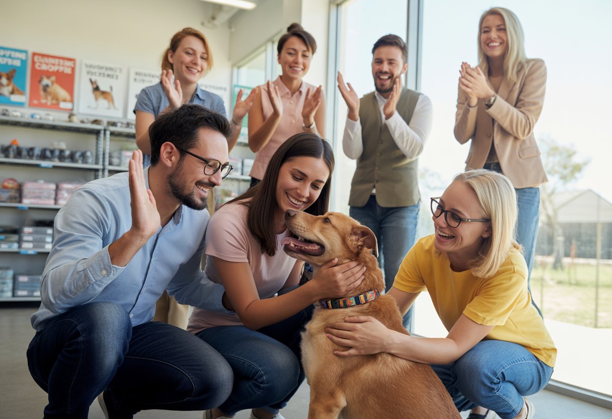 A family happily embracing a dog at an animal shelter while staff and volunteers cheer around them.