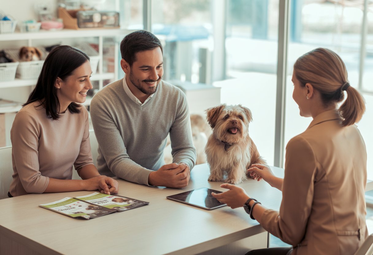 A woman and a man talking with a shelter worker at a desk with a small dog sitting nearby in a bright office.