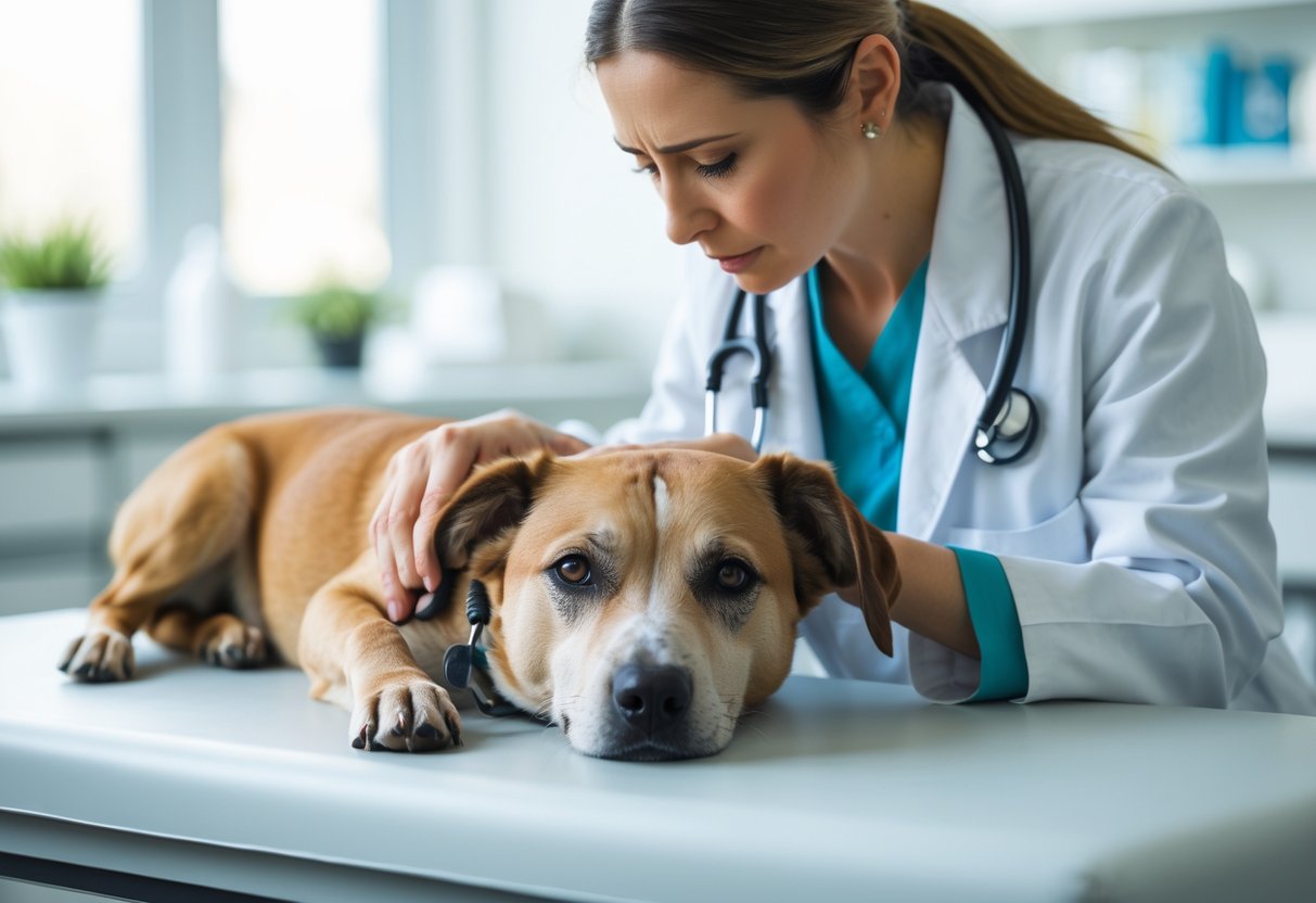 A veterinarian gently examining a dog showing signs of illness in a veterinary clinic.