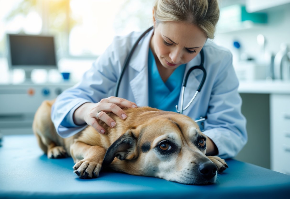 A veterinarian examining a dog lying on an examination table in a veterinary clinic.