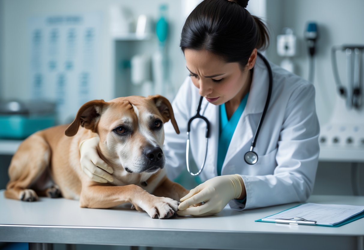 A veterinarian examining a dog showing signs of stroke symptoms on an examination table inside a veterinary clinic.