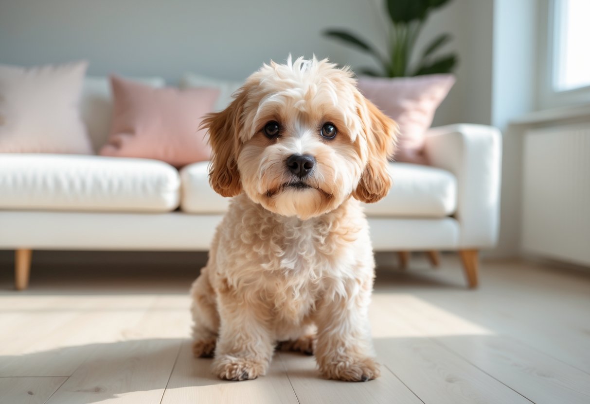 A Maltipoo dog sitting on a wooden floor in a bright living room, looking at the camera.