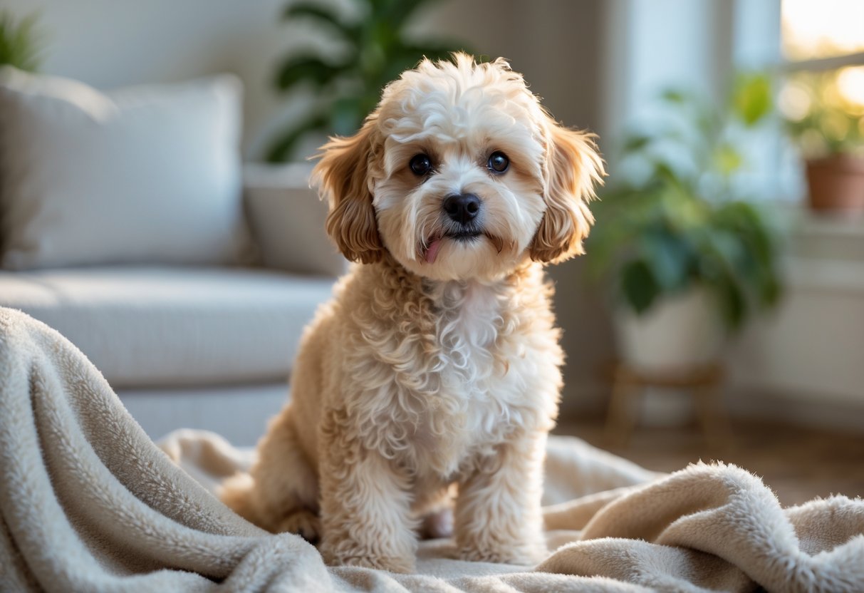 A Maltipoo dog with a fluffy cream and apricot coat sitting on a blanket indoors, looking attentively at the camera.