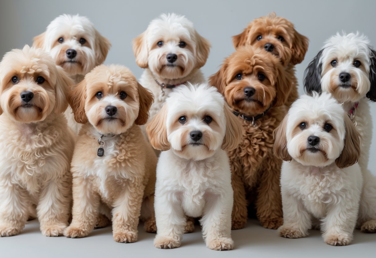 Several Maltipoo dogs with different coat colours and textures sitting and standing together against a plain background.