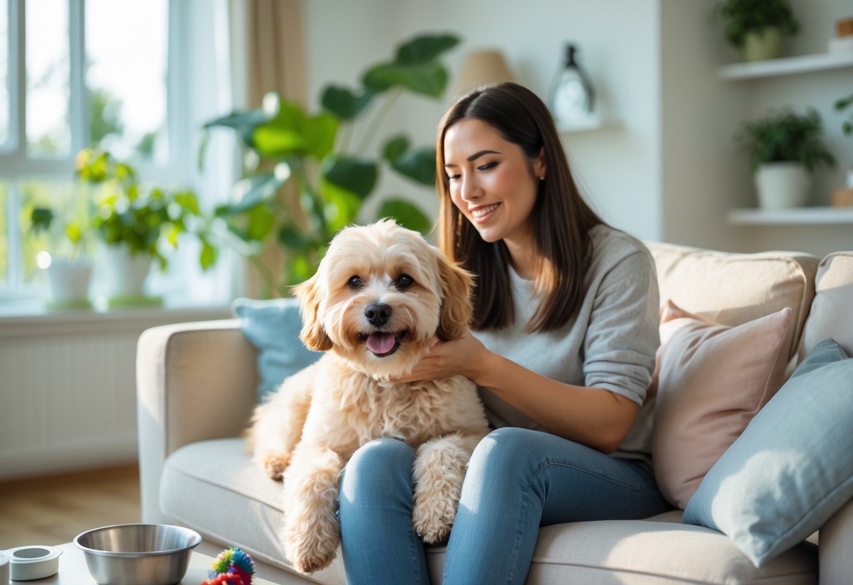 A young woman gently petting a cream-coloured Maltipoo dog sitting on a sofa in a bright living room.