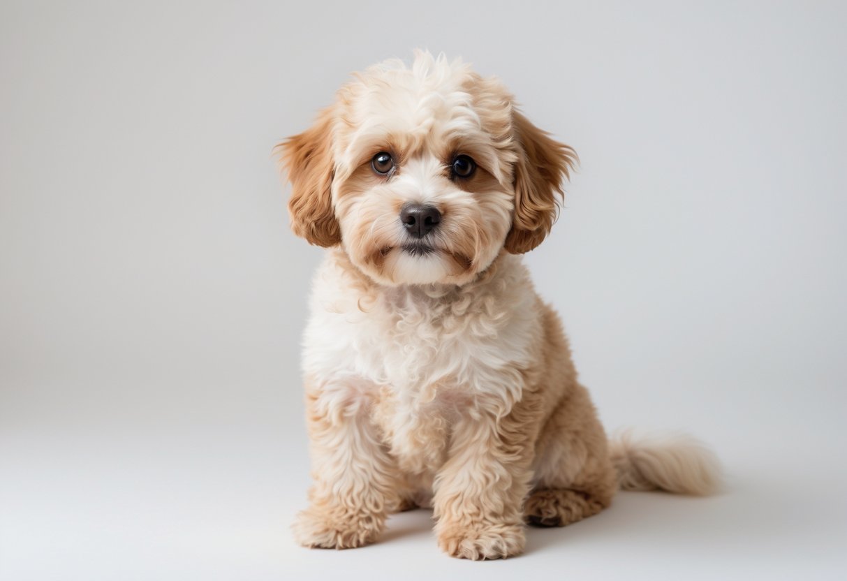 A fluffy Maltipoo dog with cream and light brown fur sitting and looking forward against a plain white background.