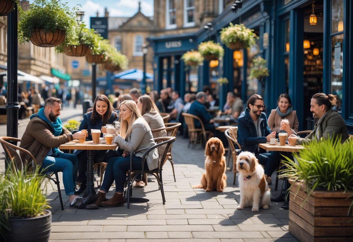 Outdoor café in Sheffield with people sitting at tables and dogs resting beside them on a sunny day.