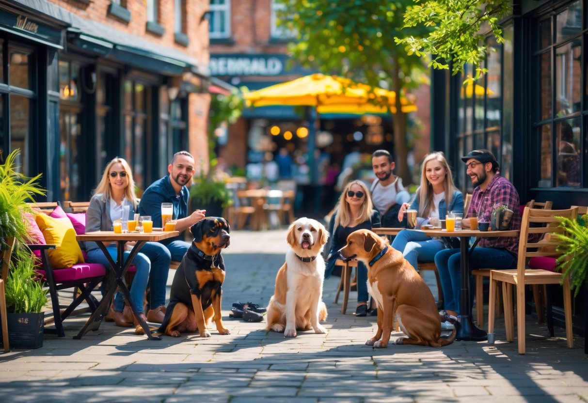 People sitting at outdoor café tables in Sheffield with their dogs, enjoying a sunny day together.