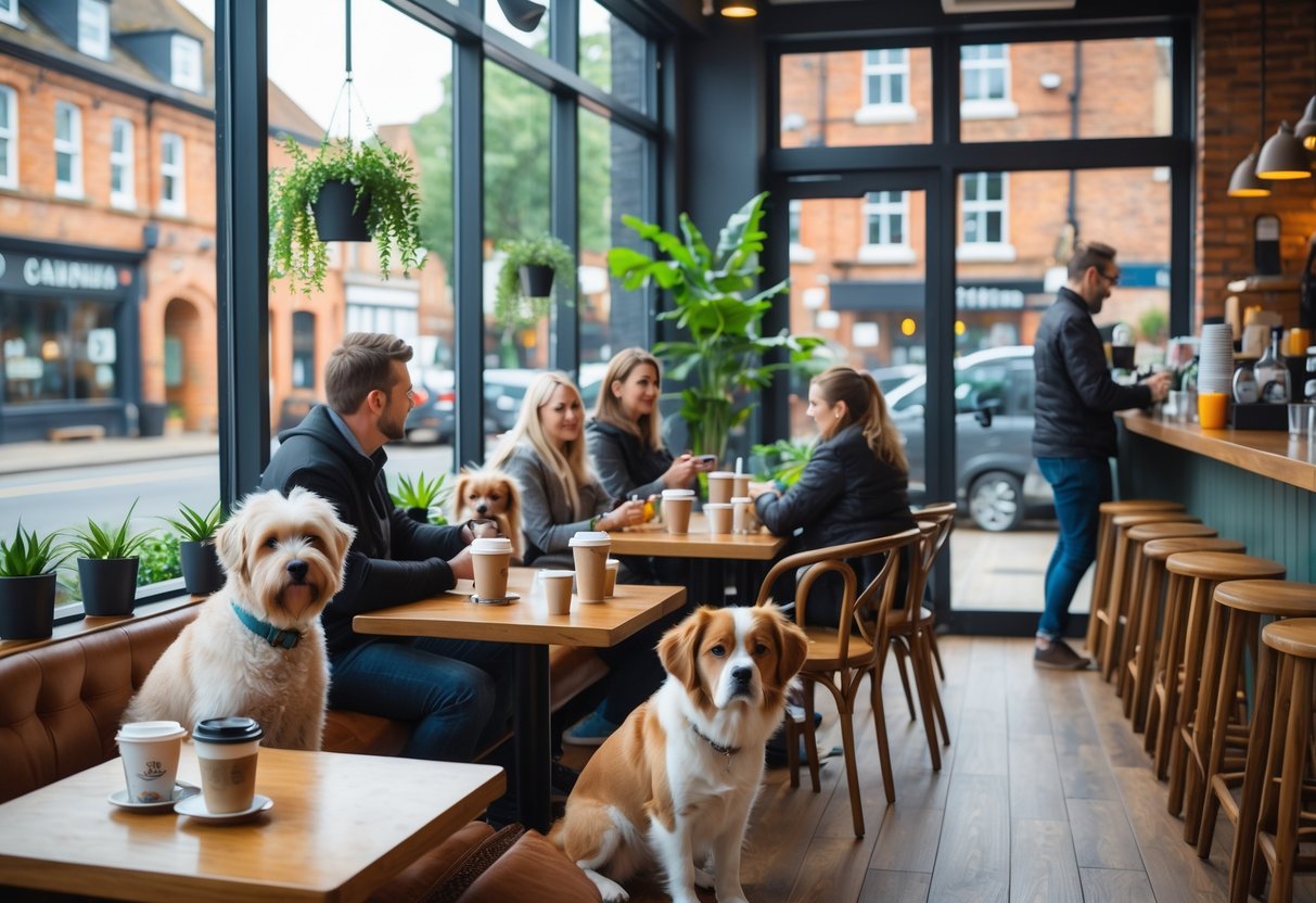 People enjoying coffee with their dogs inside a bright, cosy café in Sheffield.