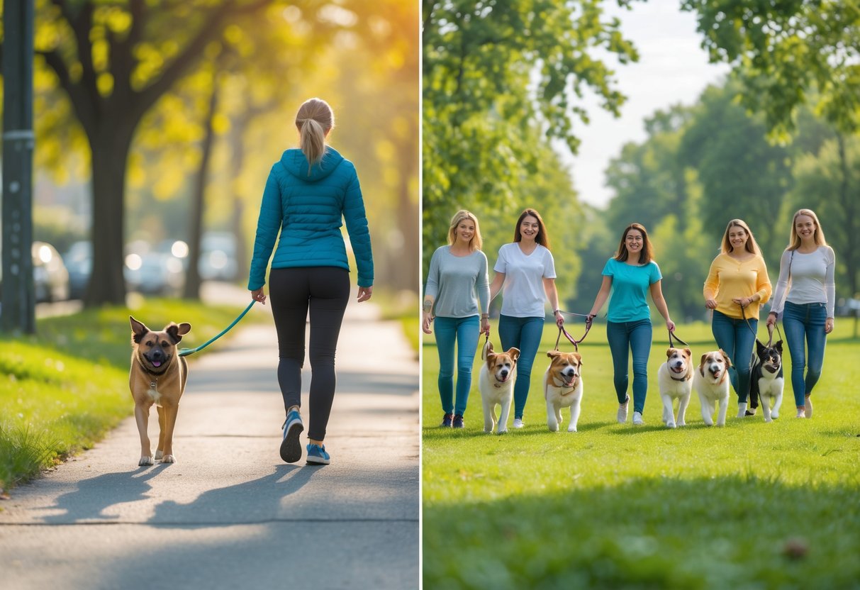 A person walking one dog alone on a sidewalk and a group of people walking several dogs together in a park.