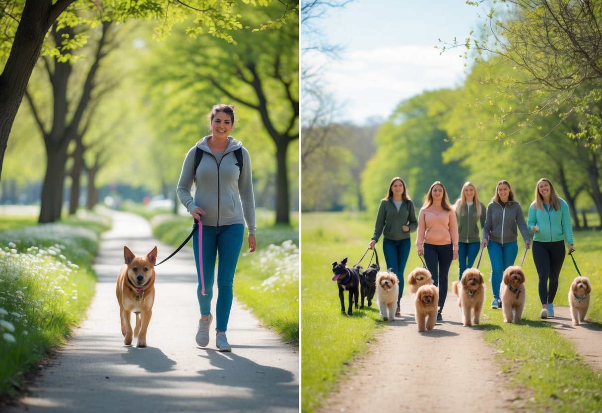 Two side-by-side scenes showing a person walking one dog alone in a quiet park and a group of people walking several dogs together on a sunny trail.