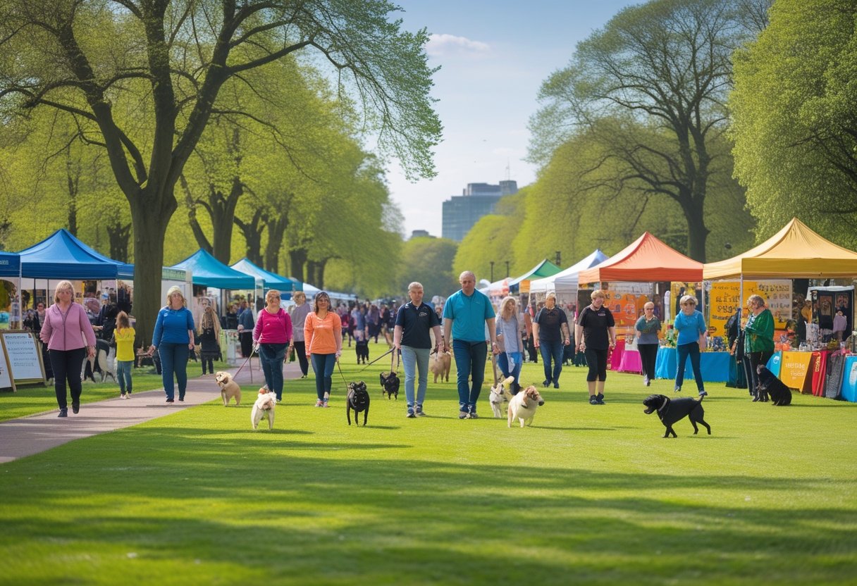 People walking dogs and visiting stalls at a busy outdoor dog show event in a green park in Sheffield, UK.