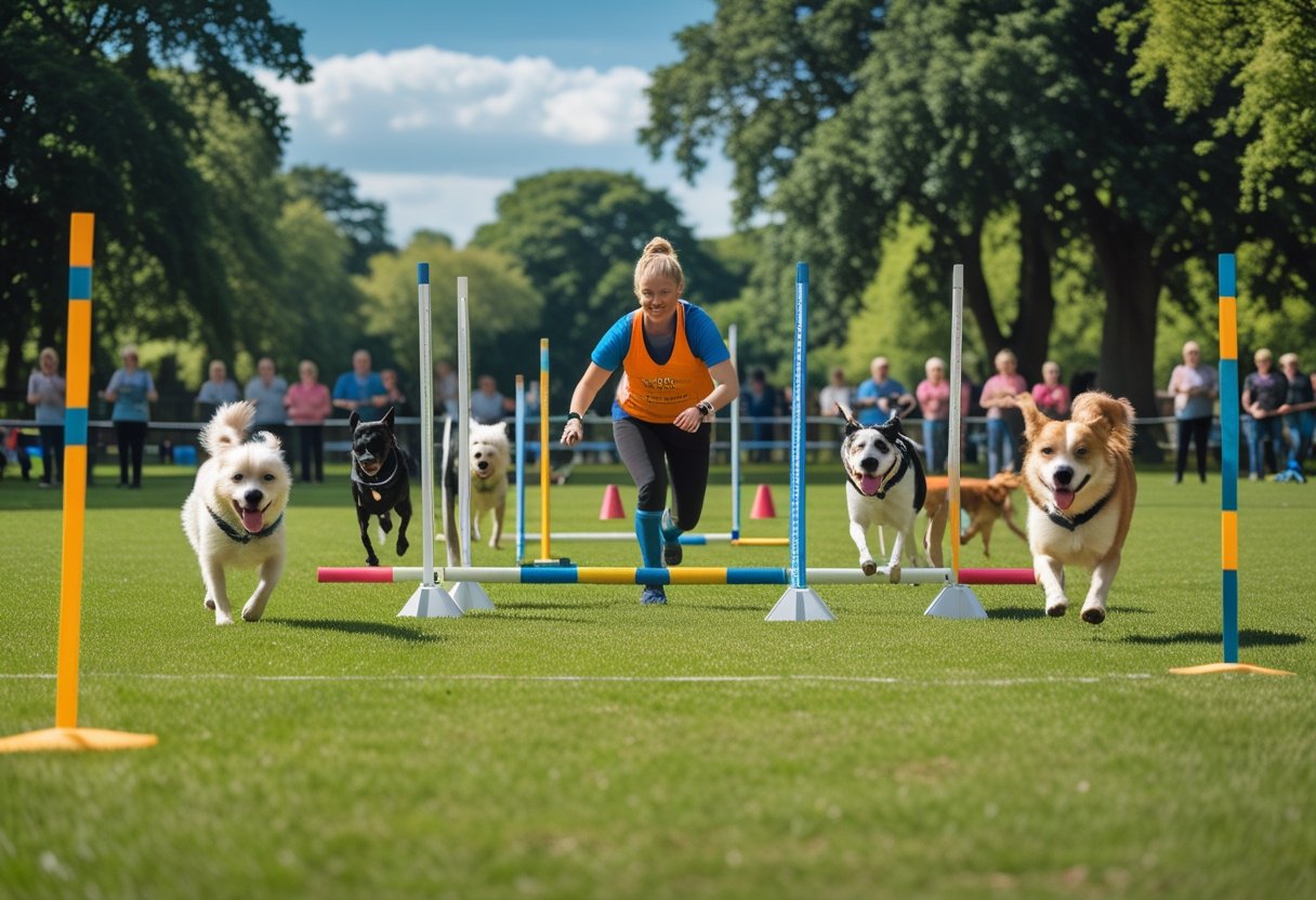 Dogs competing in an agility event in a green park in Sheffield with handlers and spectators watching.