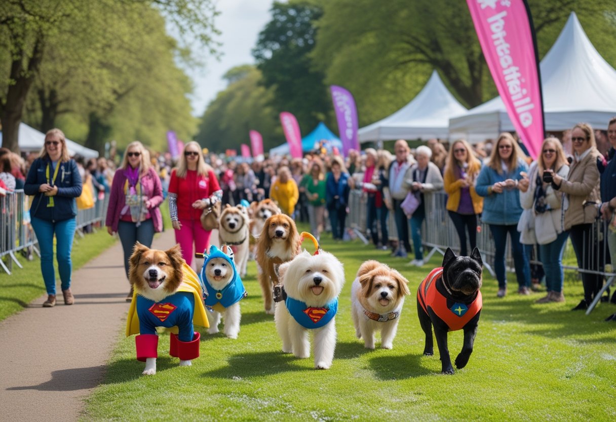Dogs dressed in colourful costumes being walked by their owners during a pet festival parade in a park in Sheffield, with people watching and enjoying the event.