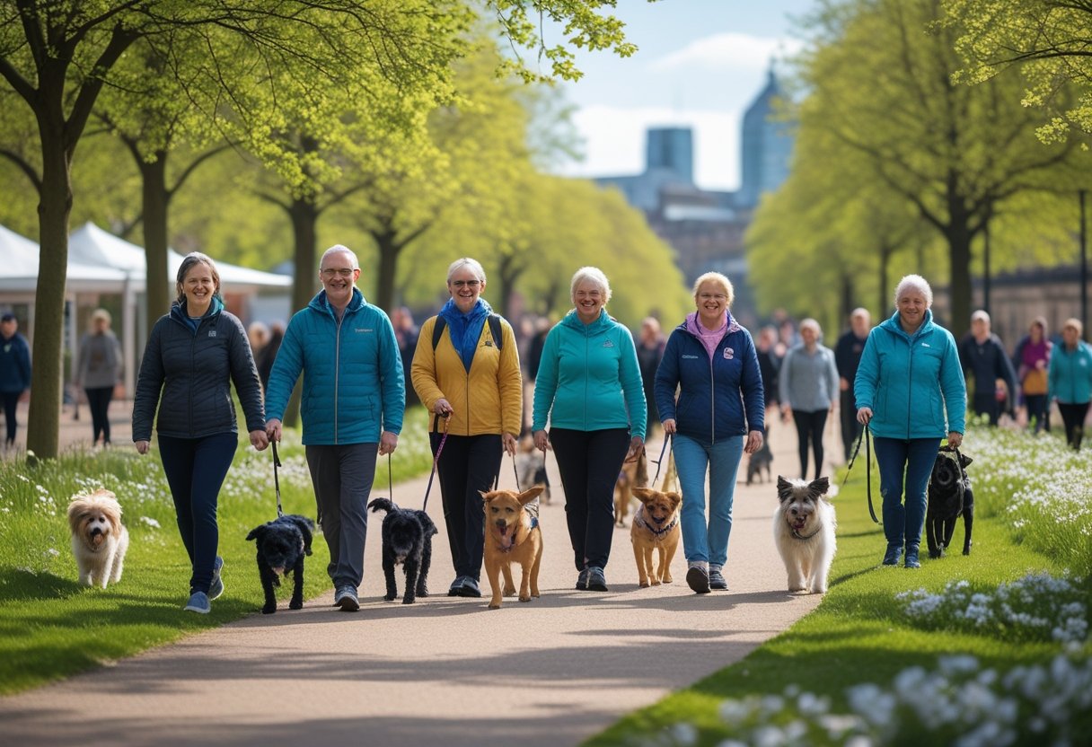 A group of people walking their dogs together along a tree-lined park path in Sheffield, UK, enjoying a community dog walk event.