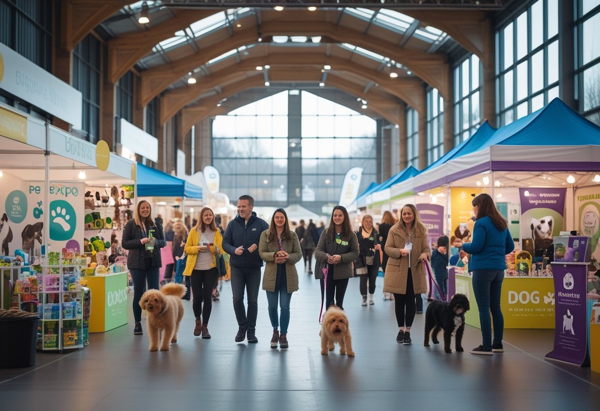 Indoor pet expo in Sheffield with people browsing dog products and several dogs on leashes in a busy event space.