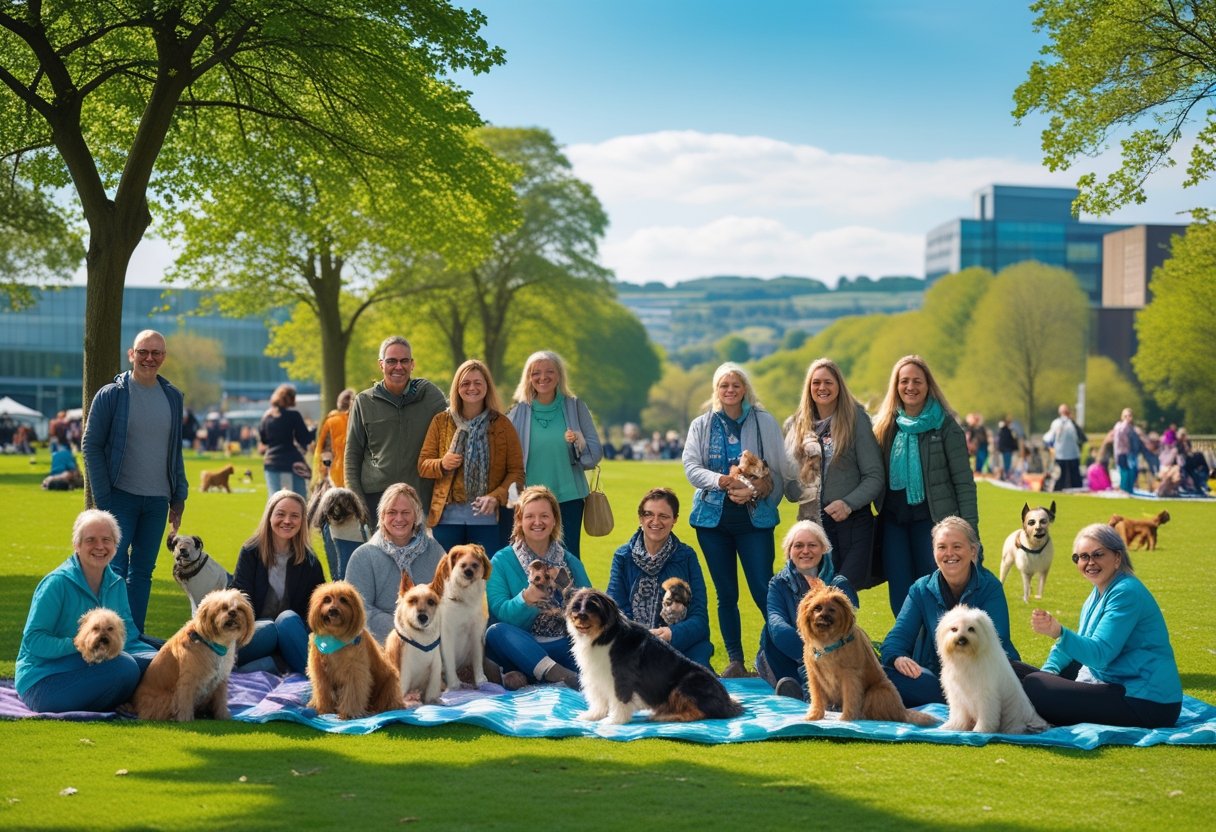 People and their dogs socialising and playing together in a green park in Sheffield on a sunny day.