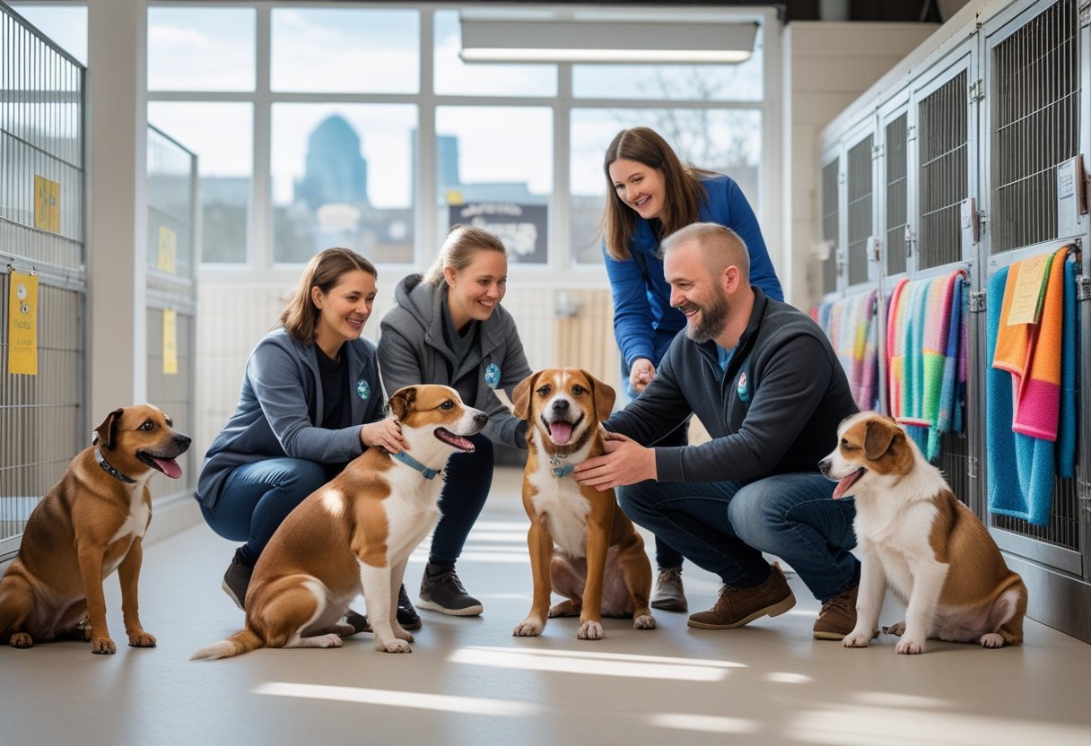 People interacting happily with dogs inside an animal shelter during the adoption process.