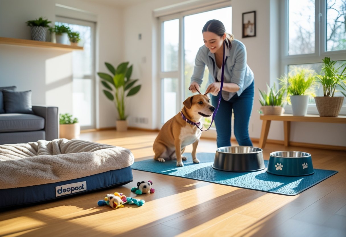 A living room prepared for a new dog with a bed, toys, water bowl, and a person arranging a collar and leash near a dog crate.