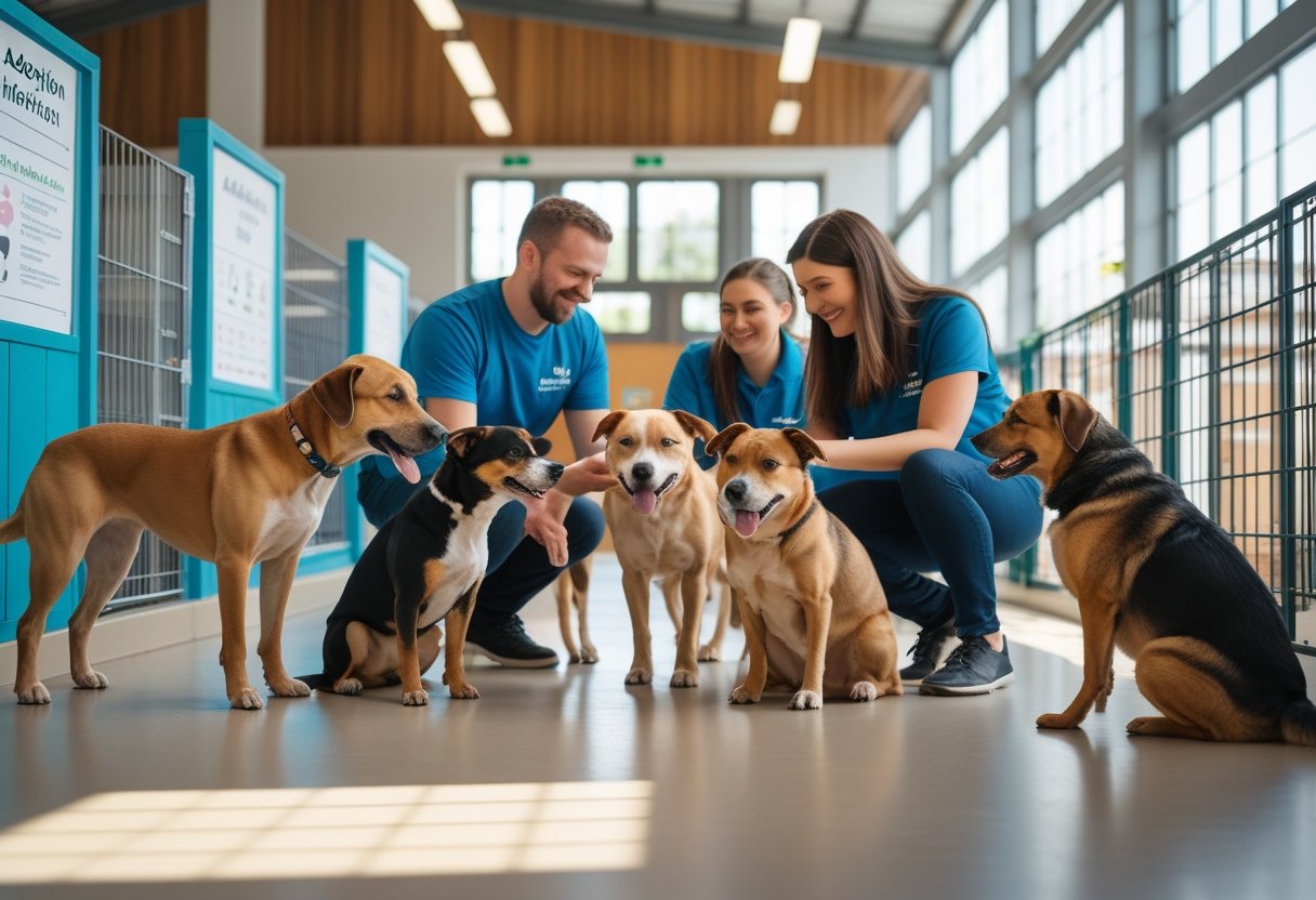 A group of dogs and people interacting inside an animal shelter with natural light and clean kennels.