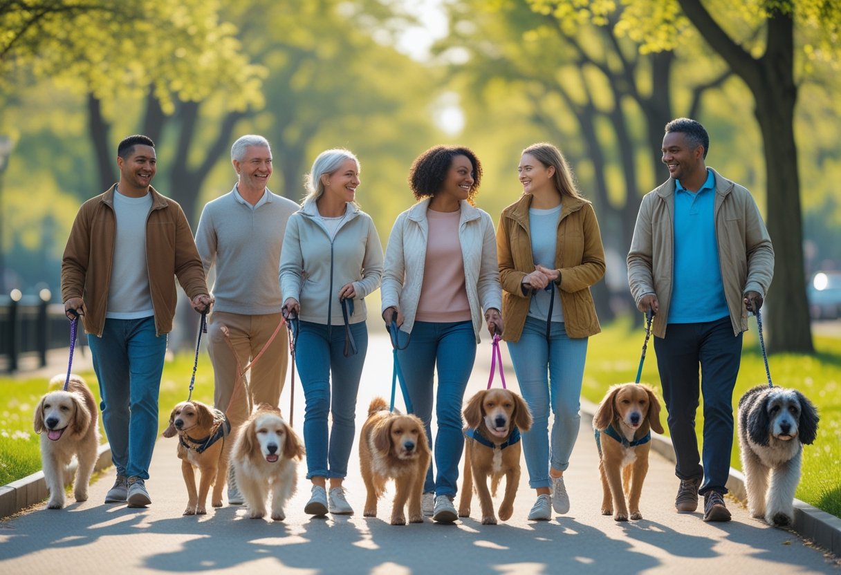 A group of people walking various dogs together on a paved path in a green park on a sunny day.