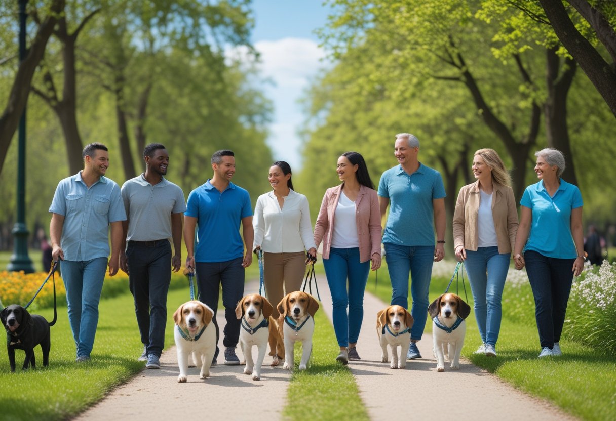 People walking their dogs together in a green park on a sunny day.
