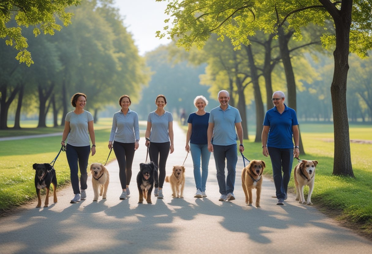 A group of people walking dogs on leashes along a tree-lined path in a park on a sunny day.
