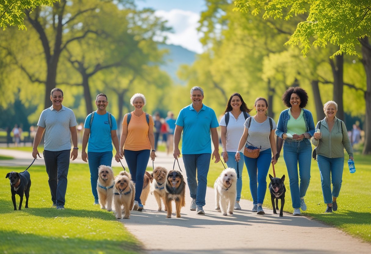 A group of people walking with their dogs in a sunny park with trees and walking paths.