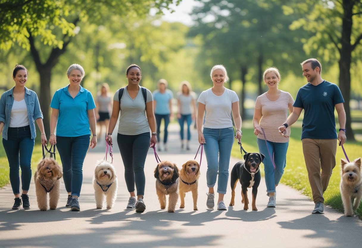 A group of people walking their dogs together on a sunny park path surrounded by green trees.