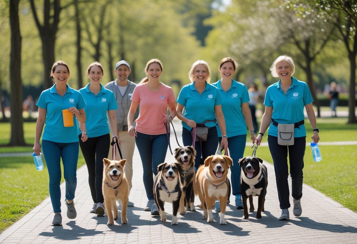 A group of volunteers walking several dogs together along a park path on a sunny day.