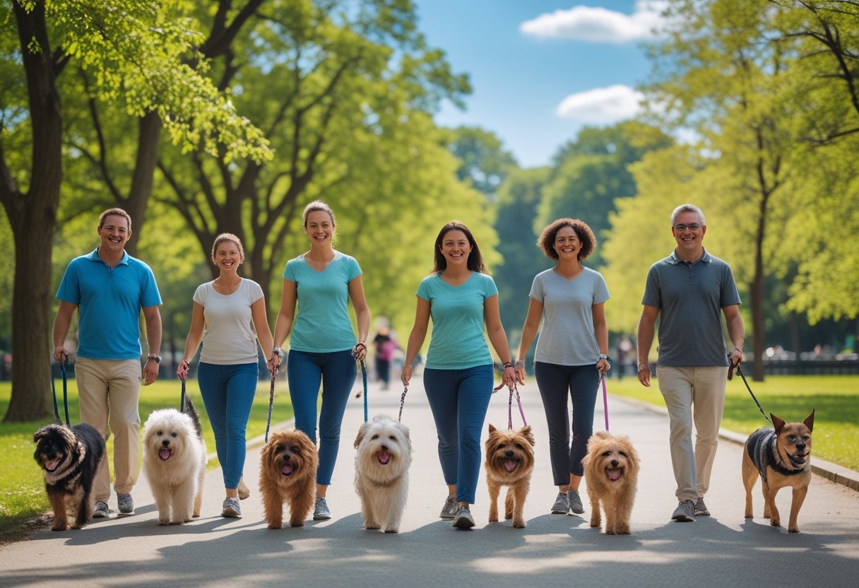 People walking dogs together in a park on a sunny day