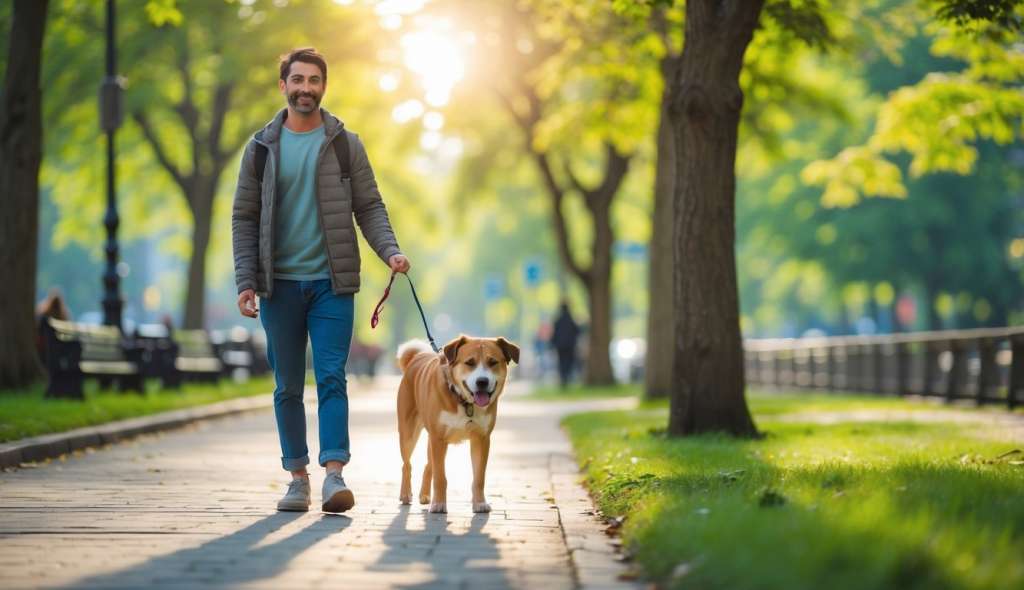 dog owner walking his dog in a park