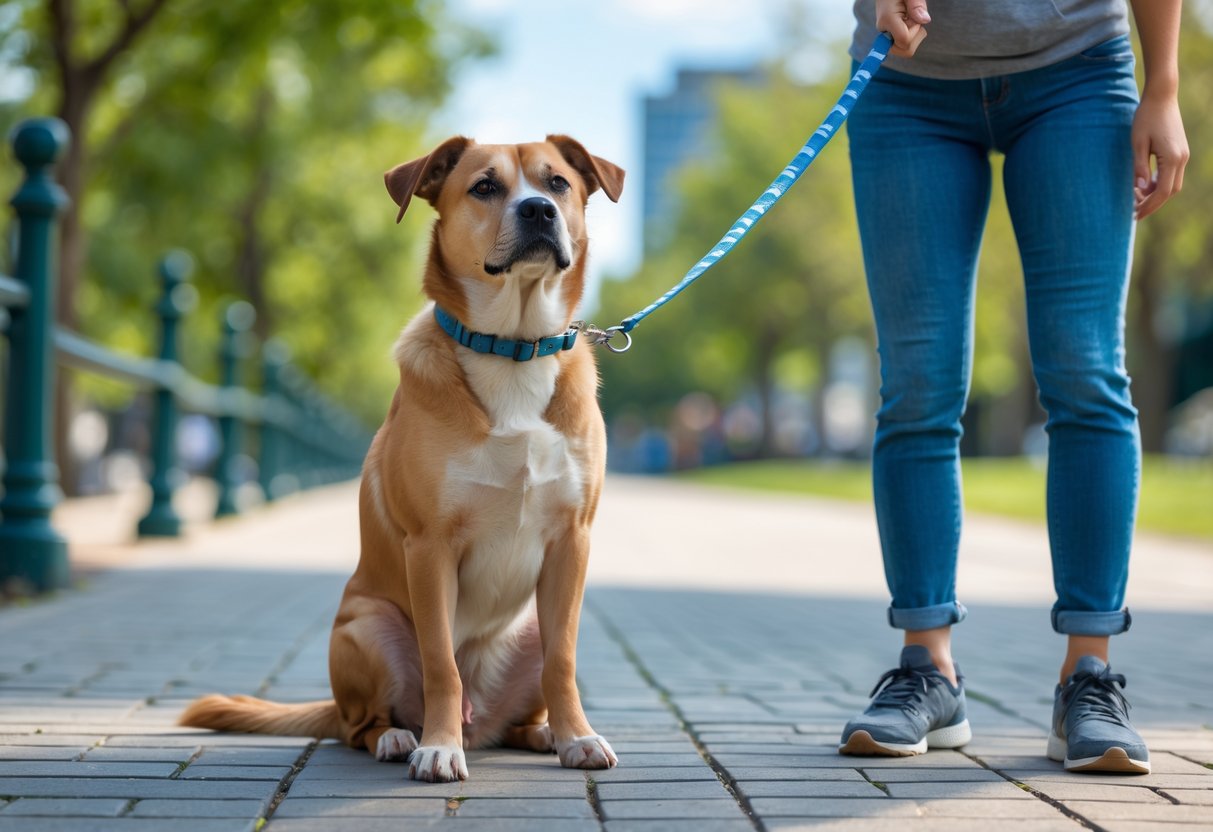 A dog sitting on a sidewalk refusing to walk while a person holds its leash nearby in a park.
