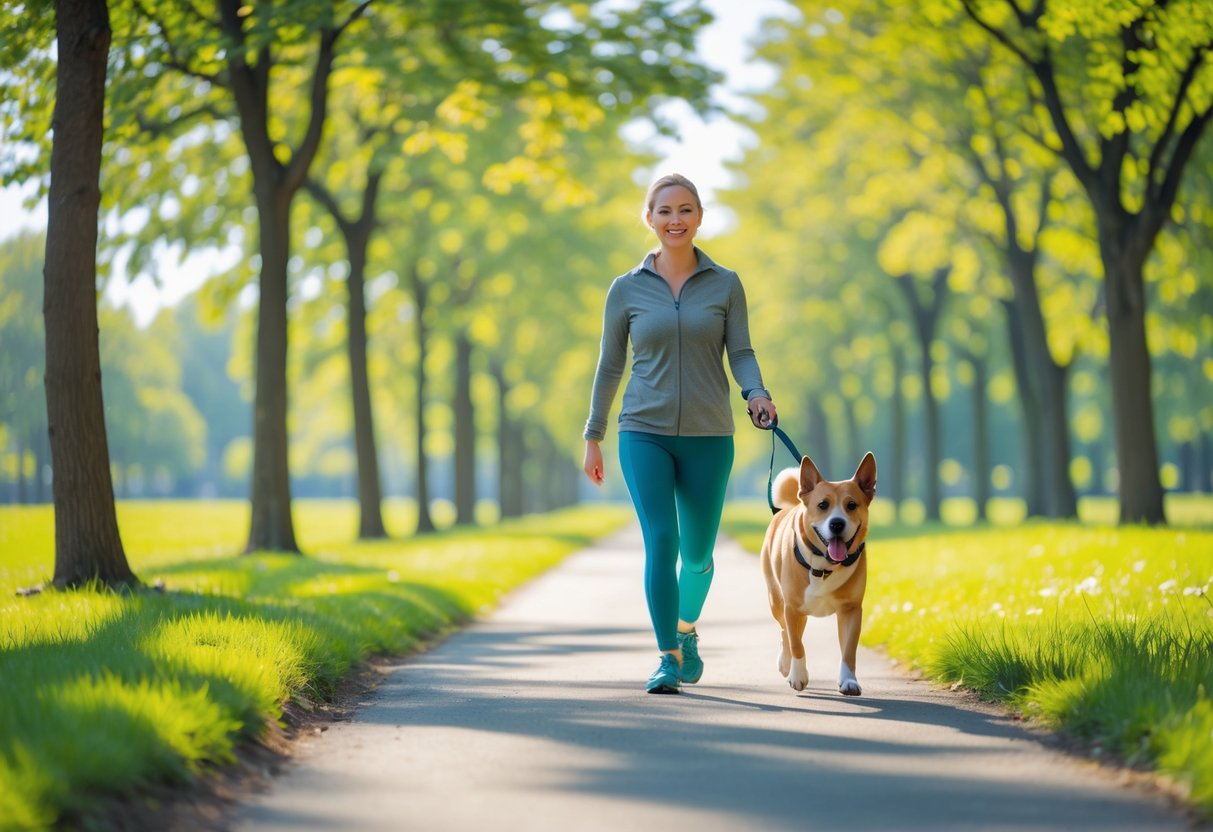 A person walking a happy dog along a tree-lined park path on a sunny day.