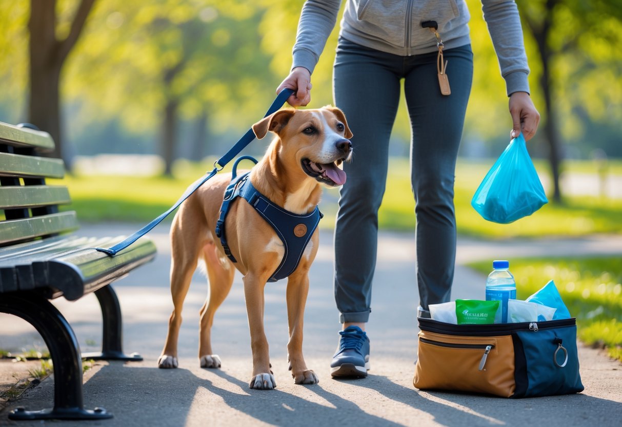 A person holding a leash and dog treats preparing to walk their medium-sized dog in a green park.