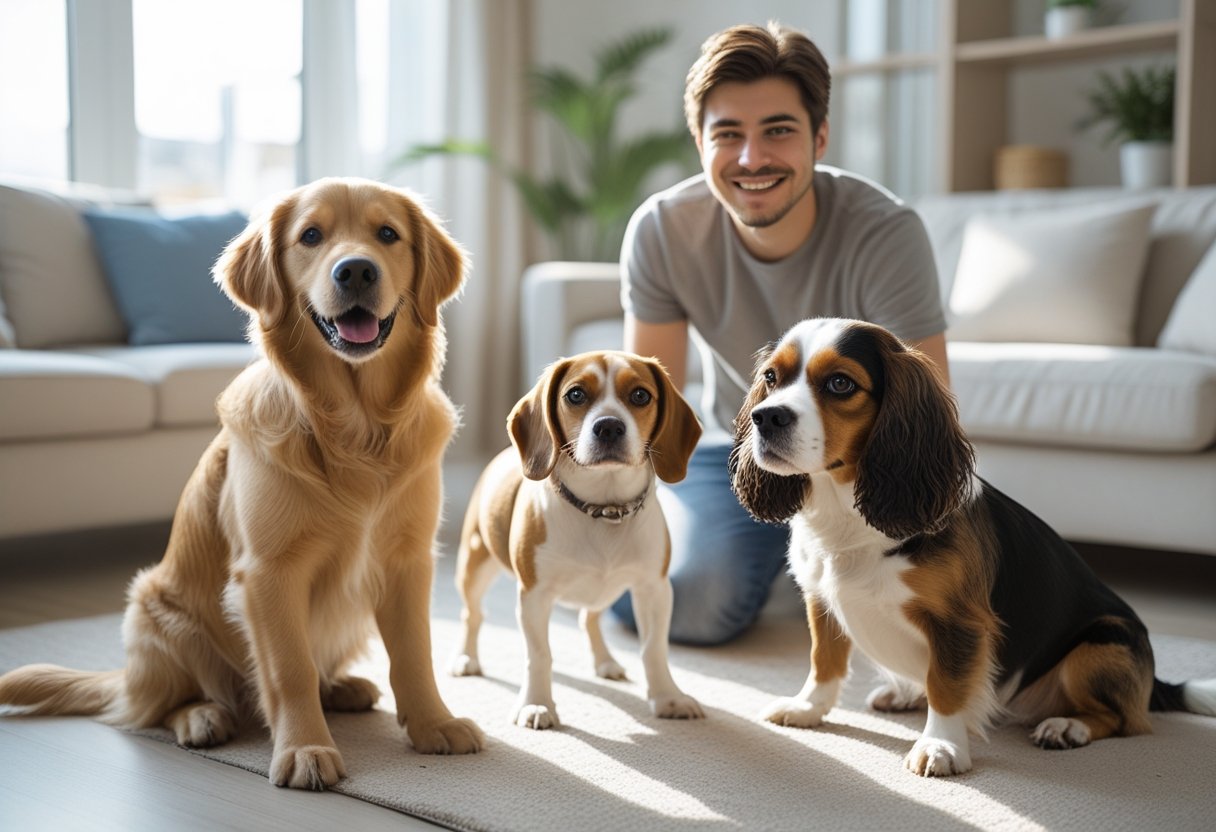 Three friendly dogs—a golden retriever puppy, a beagle, and a cavalier king charles spaniel—relaxing in a bright living room with a smiling young adult owner.