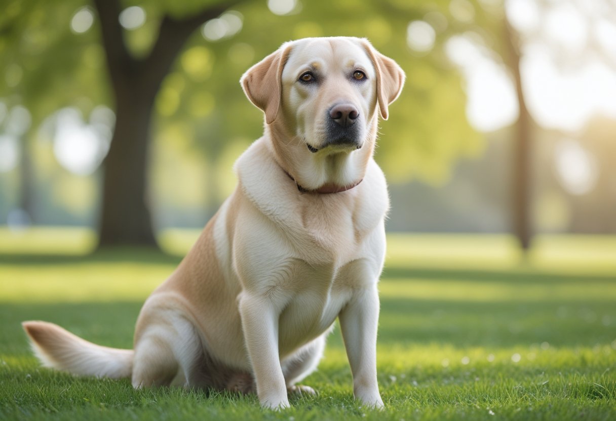 A golden Labrador Retriever sitting attentively on green grass in a park with trees in the background.
