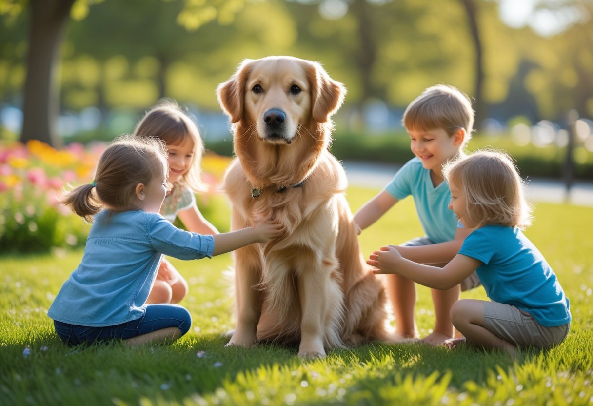 A Golden Retriever sitting calmly in a park with children playing around it.