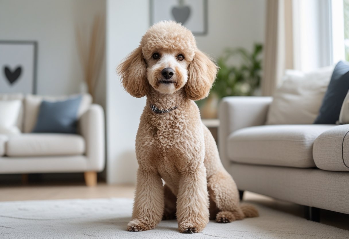 An adult poodle sitting attentively in a bright living room with neutral furniture and soft natural light.