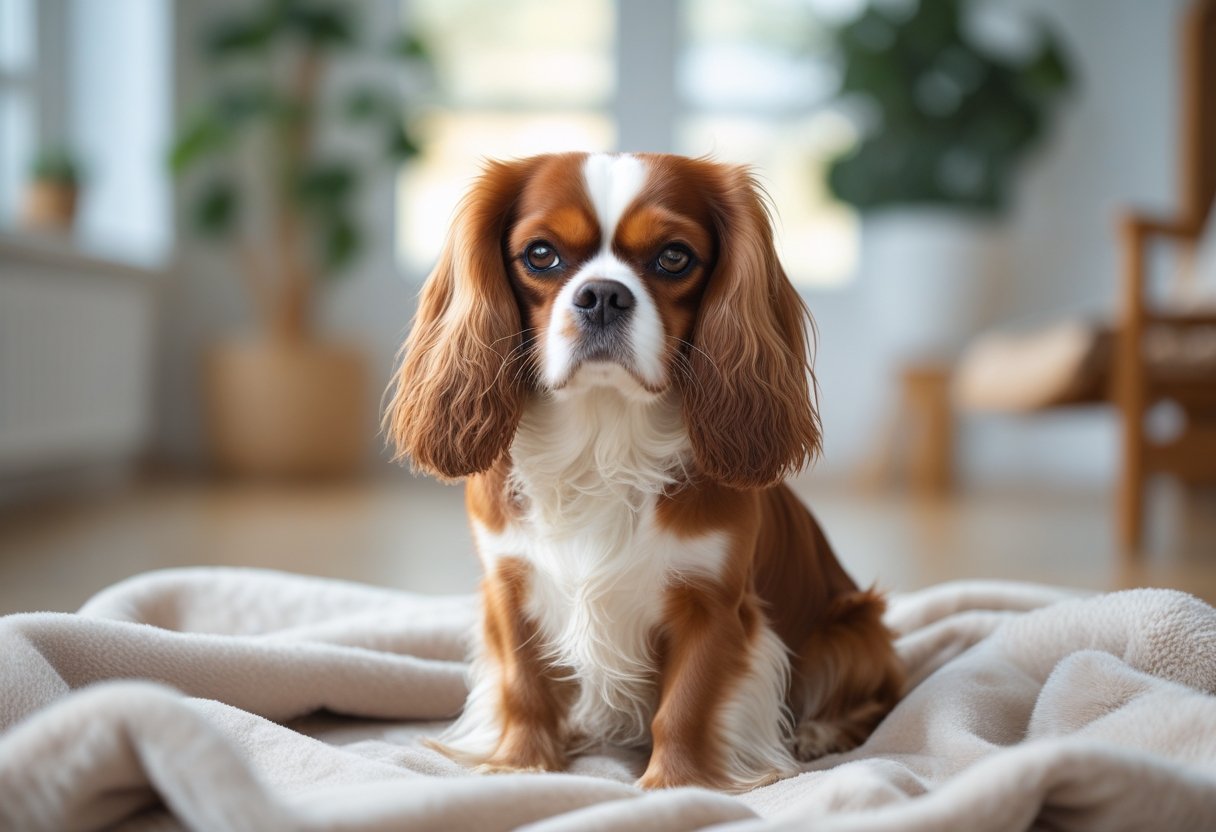 A Cavalier King Charles Spaniel sitting calmly on a blanket in a bright living room.