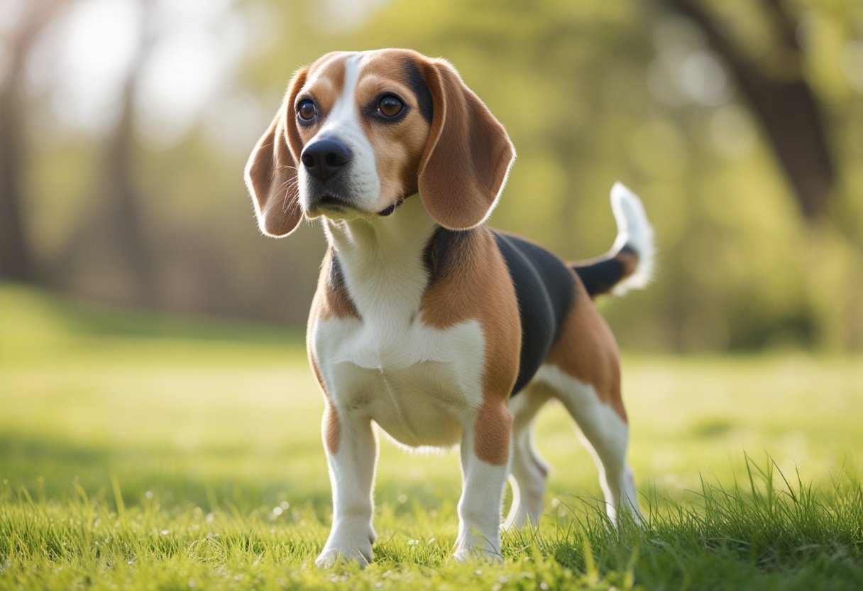 A Beagle dog standing on grass outdoors, looking alert and friendly.