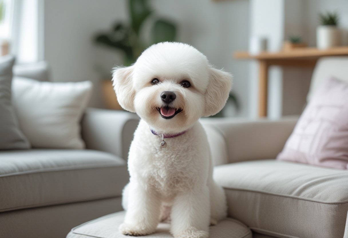 A cheerful white Bichon Frise dog sitting in a cozy living room with a sofa and natural light.